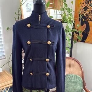 Ralph Lauren Jeans Co Navy Blue Knit Zip Up Gold Button Military Sweater